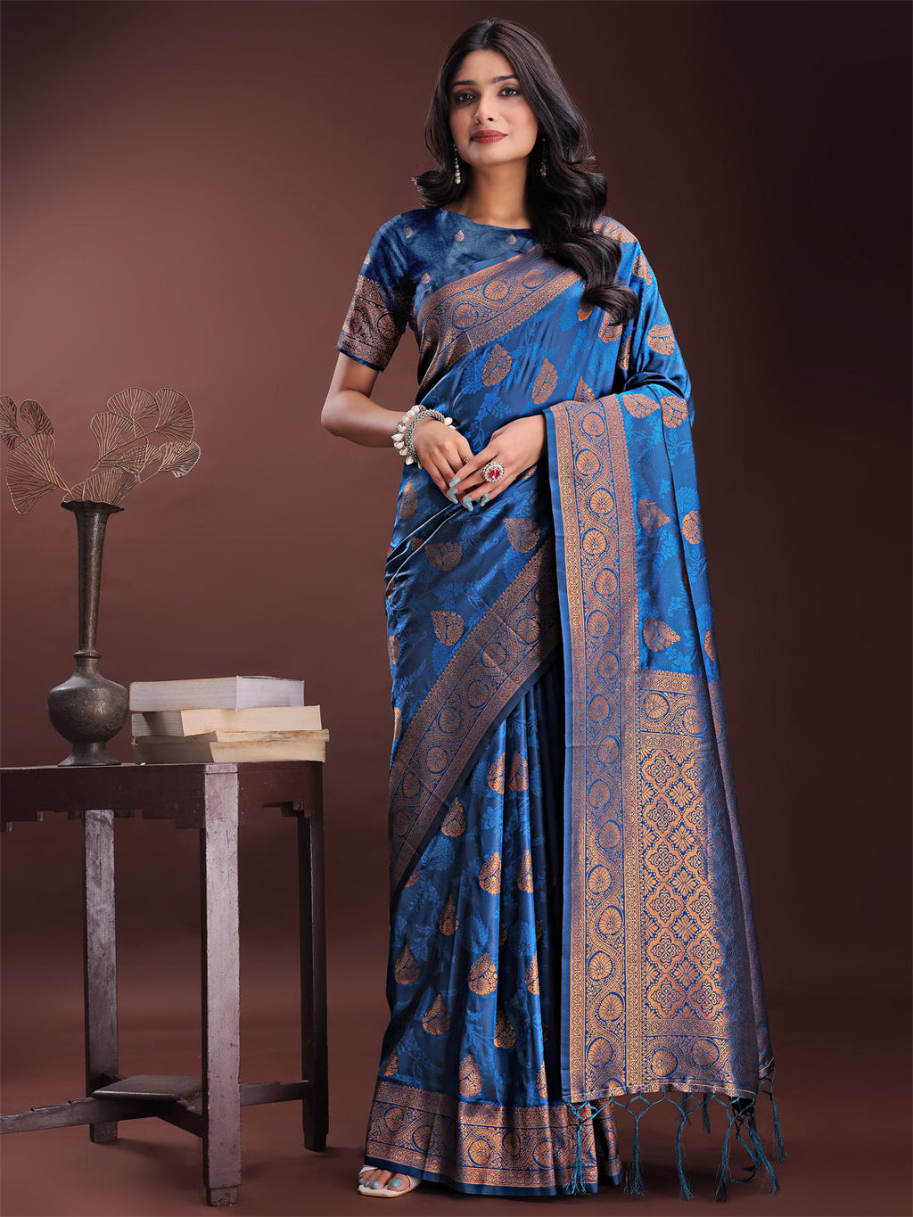Shree Shyam Fashion Majestic Royal Blue Banarasi Silk Saree with Golden Zari - Timeless Indian Ethnic Elegance for Weddings & Festive Occasions | Grocsy