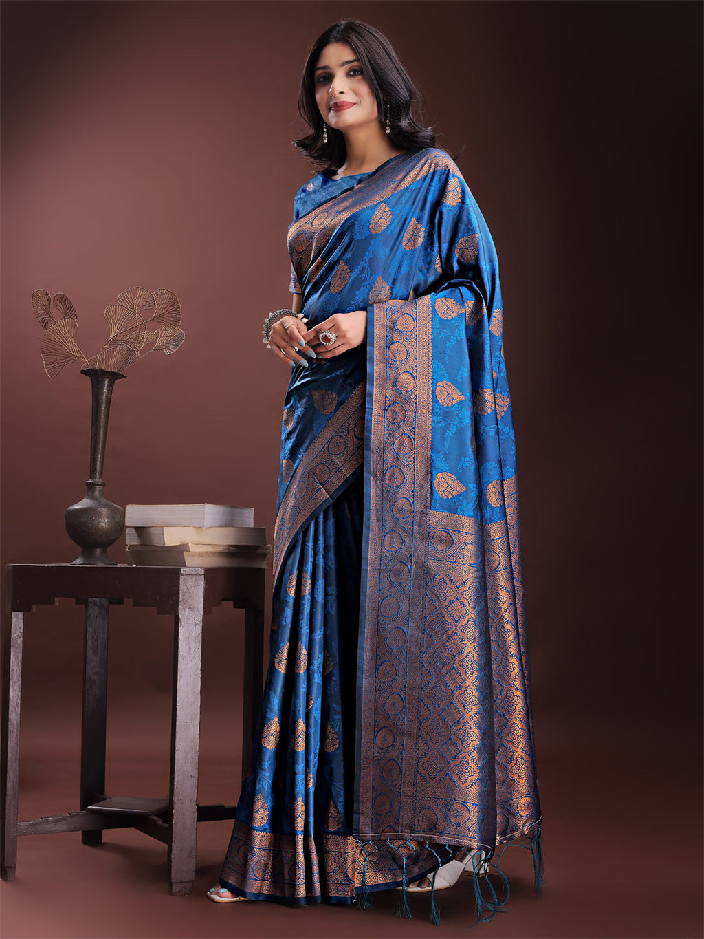 Shree Shyam Fashion Majestic Royal Blue Banarasi Silk Saree with Golden Zari - Timeless Indian Ethnic Elegance for Weddings & Festive Occasions | Grocsy