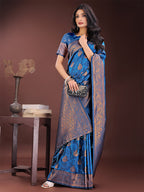 Shree Shyam Fashion Majestic Royal Blue Banarasi Silk Saree with Golden Zari - Timeless Indian Ethnic Elegance for Weddings & Festive Occasions | Grocsy