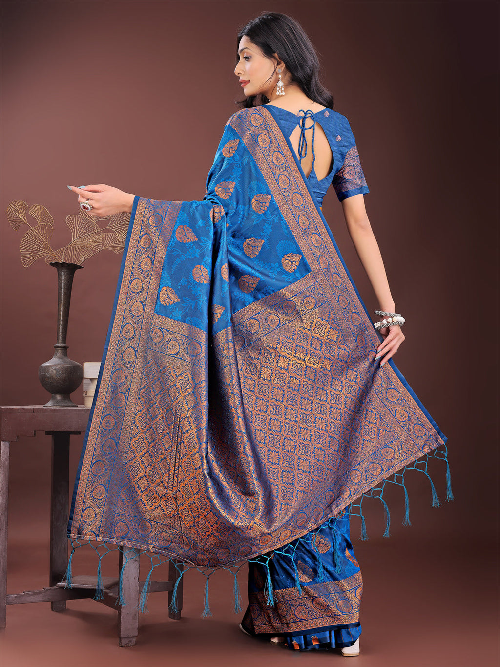Shree Shyam Fashion Majestic Royal Blue Banarasi Silk Saree with Golden Zari - Timeless Indian Ethnic Elegance for Weddings & Festive Occasions | Grocsy