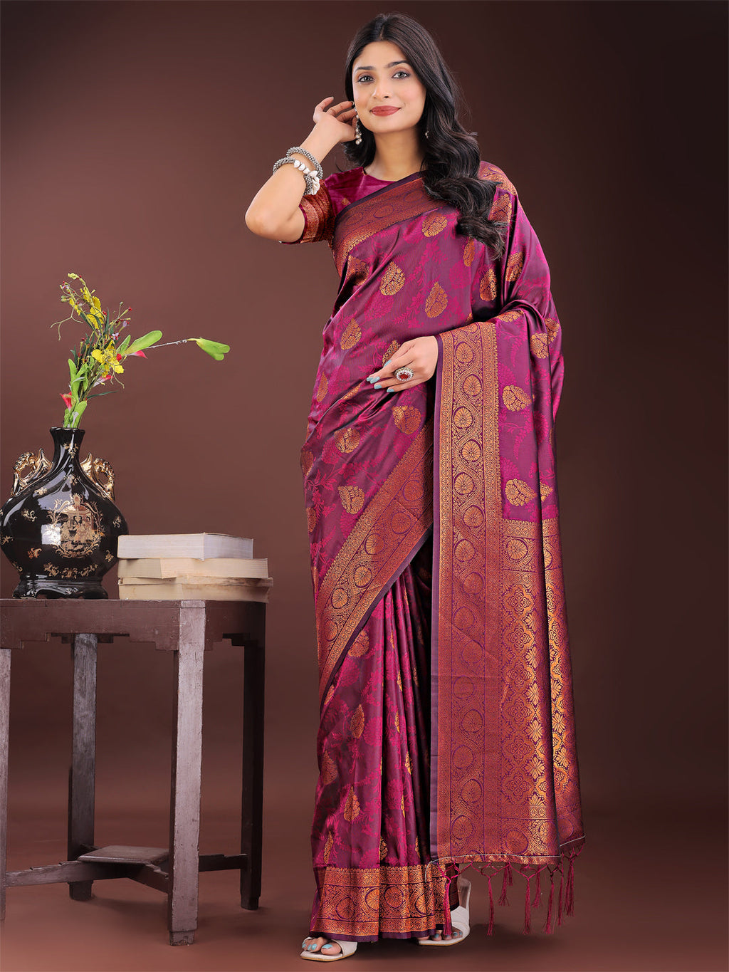 Shree Shyam Fashion Majestic Purple Banarasi Silk Saree with Golden Zari - Timeless Indian Ethnic Elegance for Weddings & Festive Occasions | Grocsy