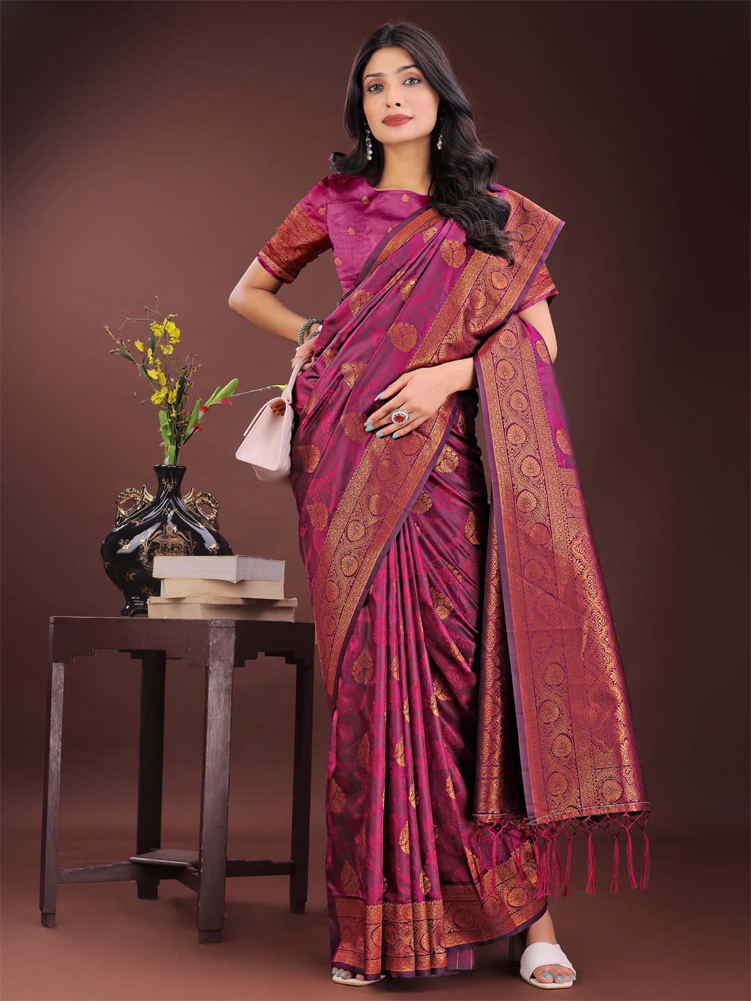 Shree Shyam Fashion Majestic Purple Banarasi Silk Saree with Golden Zari - Timeless Indian Ethnic Elegance for Weddings & Festive Occasions | Grocsy