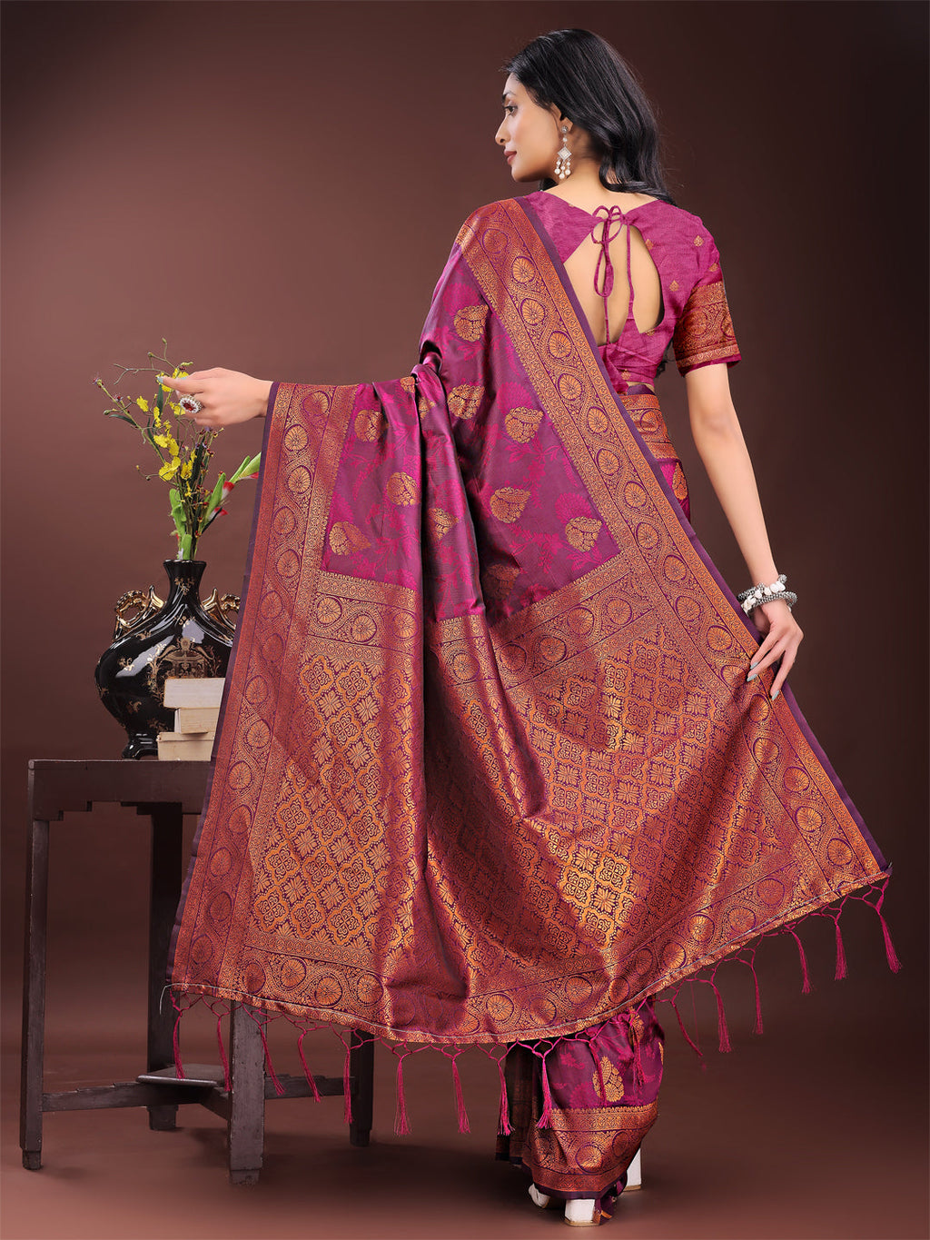 Shree Shyam Fashion Majestic Purple Banarasi Silk Saree with Golden Zari - Timeless Indian Ethnic Elegance for Weddings & Festive Occasions | Grocsy