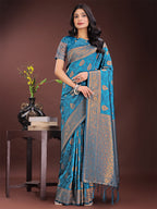 Shree Shyam Fashion Majestic Teal Banarasi Silk Saree with Golden Zari - Timeless Indian Ethnic Elegance for Weddings & Festive Occasions | Grocsy