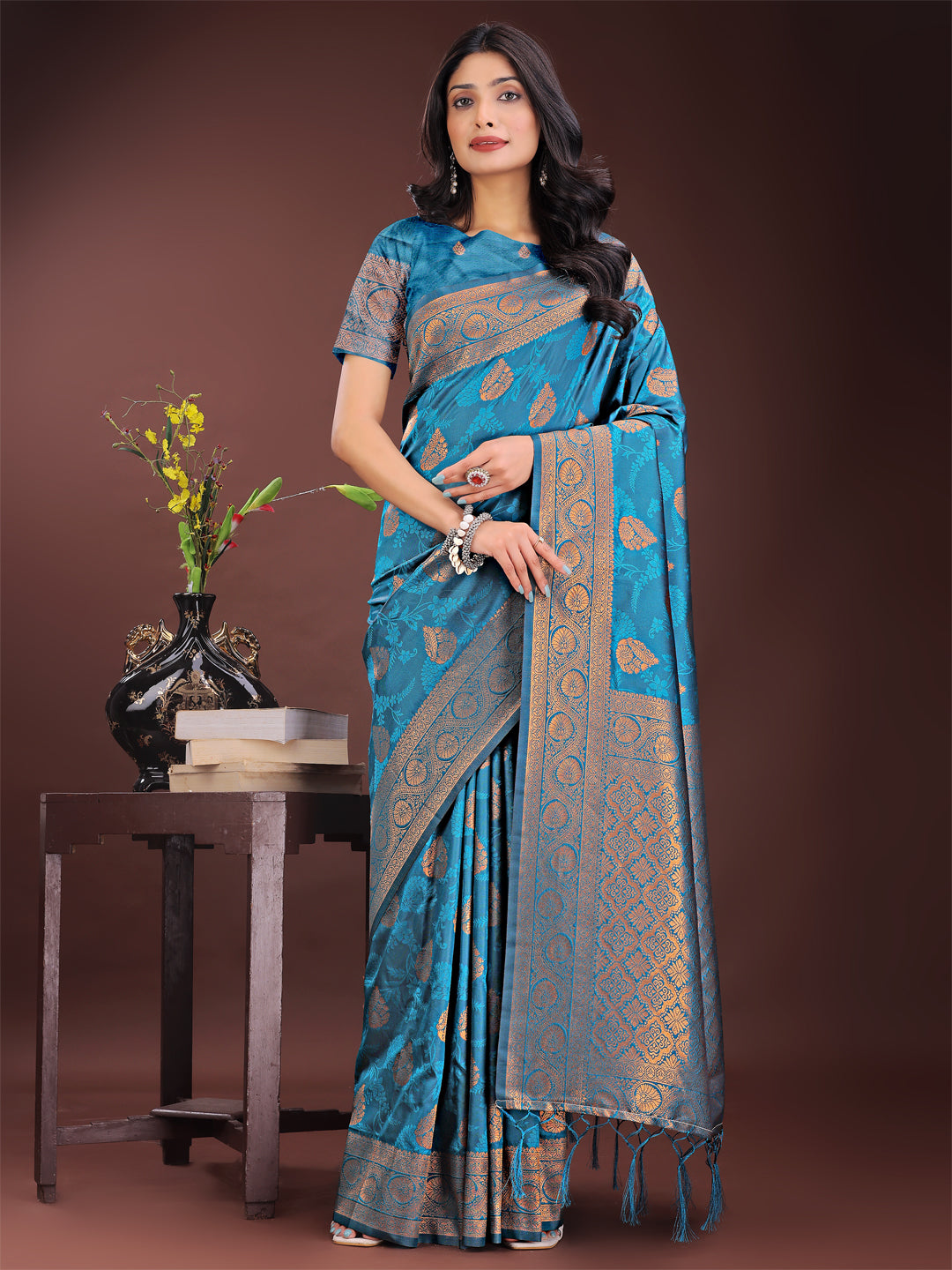 Shree Shyam Fashion Majestic Teal Banarasi Silk Saree with Golden Zari - Timeless Indian Ethnic Elegance for Weddings & Festive Occasions | Grocsy