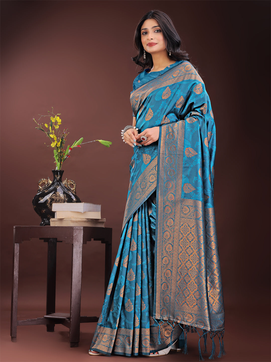 Shree Shyam Fashion Majestic Teal Banarasi Silk Saree with Golden Zari - Timeless Indian Ethnic Elegance for Weddings & Festive Occasions | Grocsy