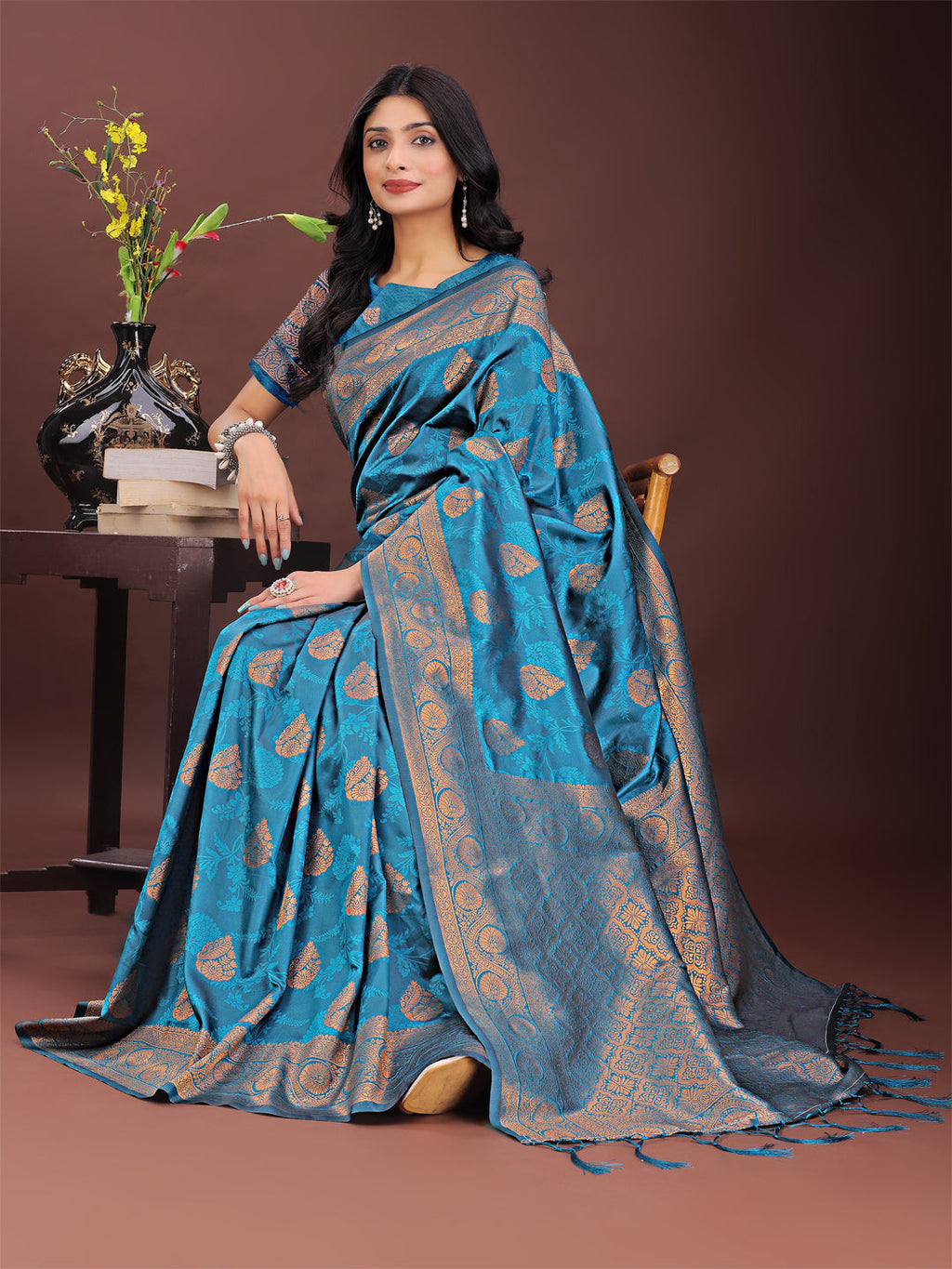 Shree Shyam Fashion Majestic Teal Banarasi Silk Saree with Golden Zari - Timeless Indian Ethnic Elegance for Weddings & Festive Occasions | Grocsy