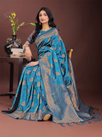 Shree Shyam Fashion Majestic Teal Banarasi Silk Saree with Golden Zari - Timeless Indian Ethnic Elegance for Weddings & Festive Occasions | Grocsy