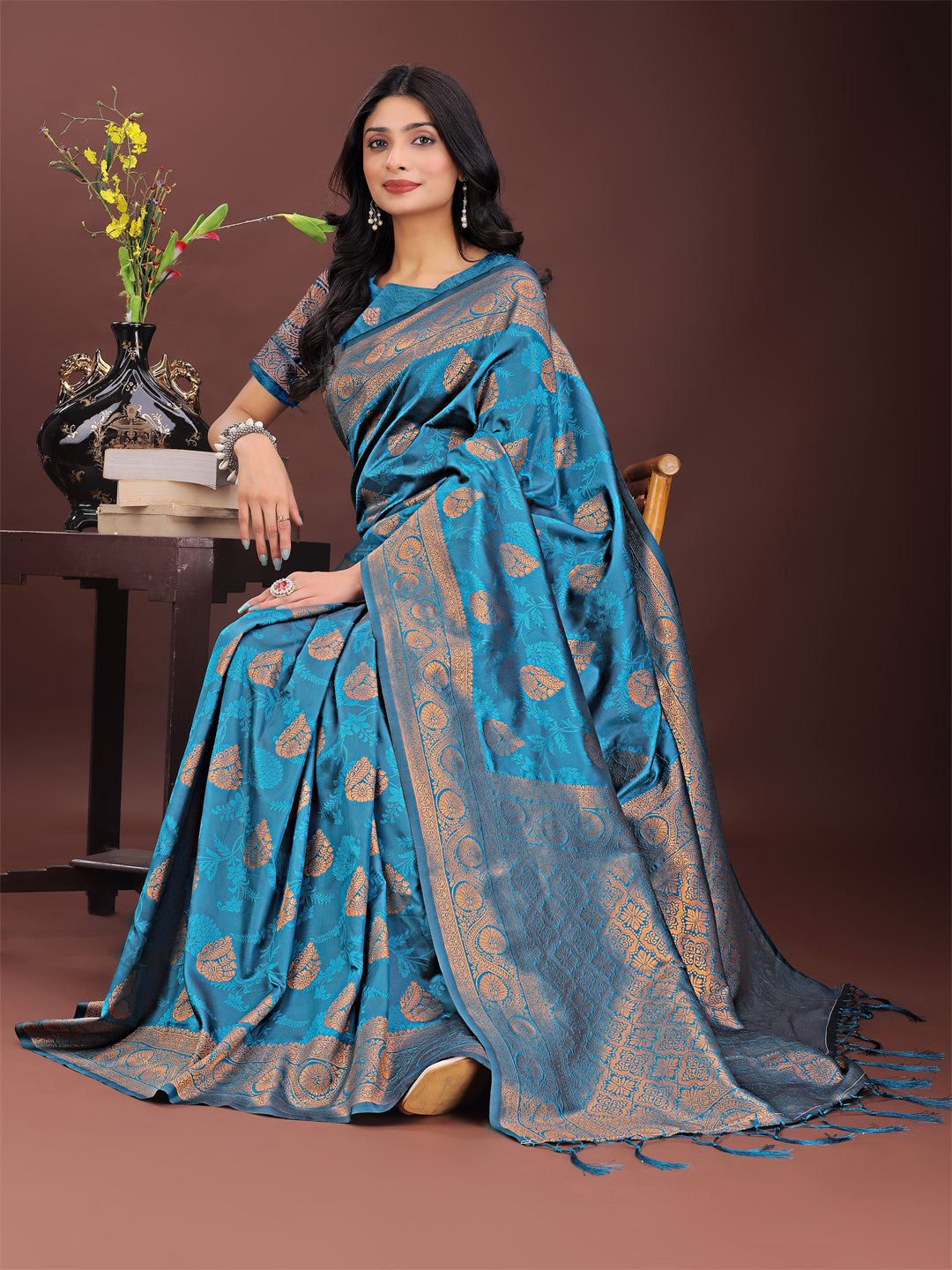 Shree Shyam Fashion Majestic Teal Banarasi Silk Saree with Golden Zari - Timeless Indian Ethnic Elegance for Weddings & Festive Occasions | Grocsy