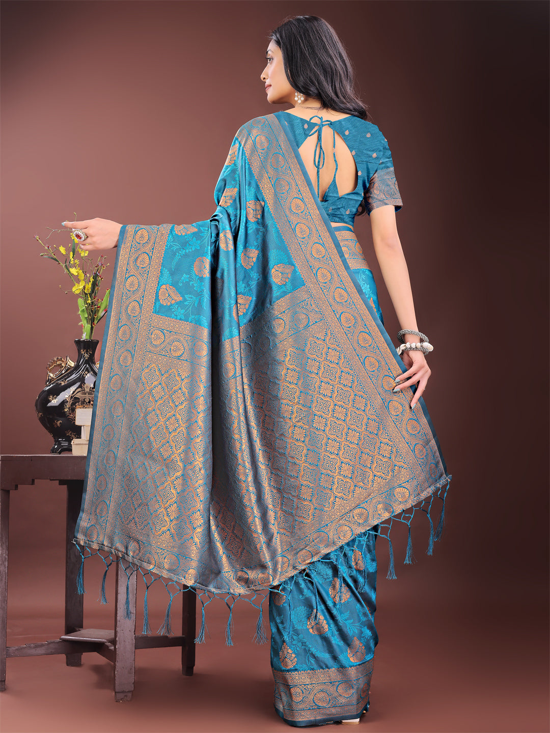 Shree Shyam Fashion Majestic Teal Banarasi Silk Saree with Golden Zari - Timeless Indian Ethnic Elegance for Weddings & Festive Occasions | Grocsy