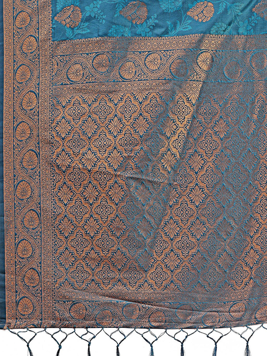 Shree Shyam Fashion Majestic Teal Banarasi Silk Saree with Golden Zari - Timeless Indian Ethnic Elegance for Weddings & Festive Occasions | Grocsy