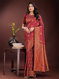 Shree Shyam Fashion Majestic Maroon Banarasi Silk Saree with Golden Zari - Timeless Indian Ethnic Elegance for Weddings & Festive Occasions | Grocsy