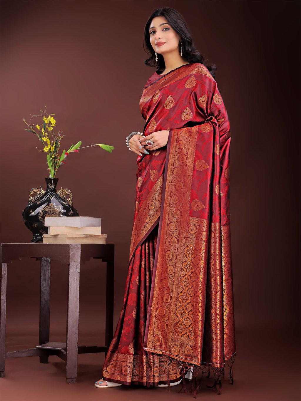 Shree Shyam Fashion Majestic Maroon Banarasi Silk Saree with Golden Zari - Timeless Indian Ethnic Elegance for Weddings & Festive Occasions | Grocsy