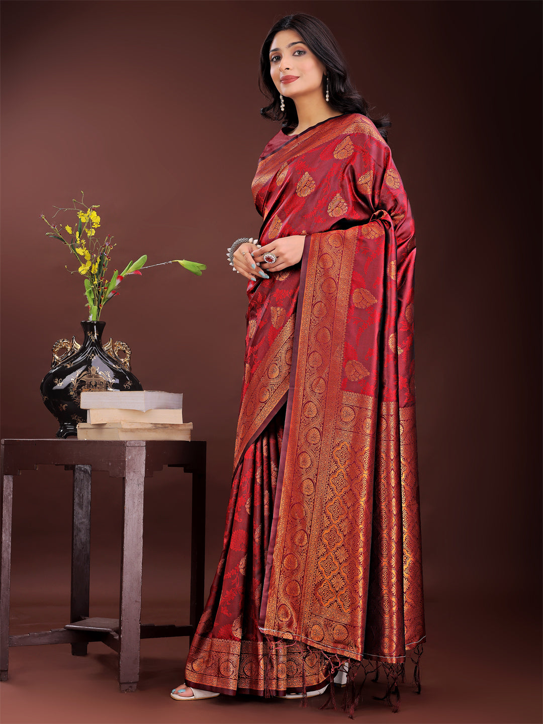 Shree Shyam Fashion Majestic Maroon Banarasi Silk Saree with Golden Zari - Timeless Indian Ethnic Elegance for Weddings & Festive Occasions | Grocsy