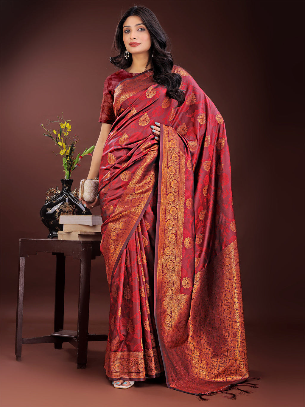 Shree Shyam Fashion Majestic Maroon Banarasi Silk Saree with Golden Zari - Timeless Indian Ethnic Elegance for Weddings & Festive Occasions | Grocsy