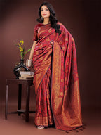 Shree Shyam Fashion Majestic Maroon Banarasi Silk Saree with Golden Zari - Timeless Indian Ethnic Elegance for Weddings & Festive Occasions | Grocsy