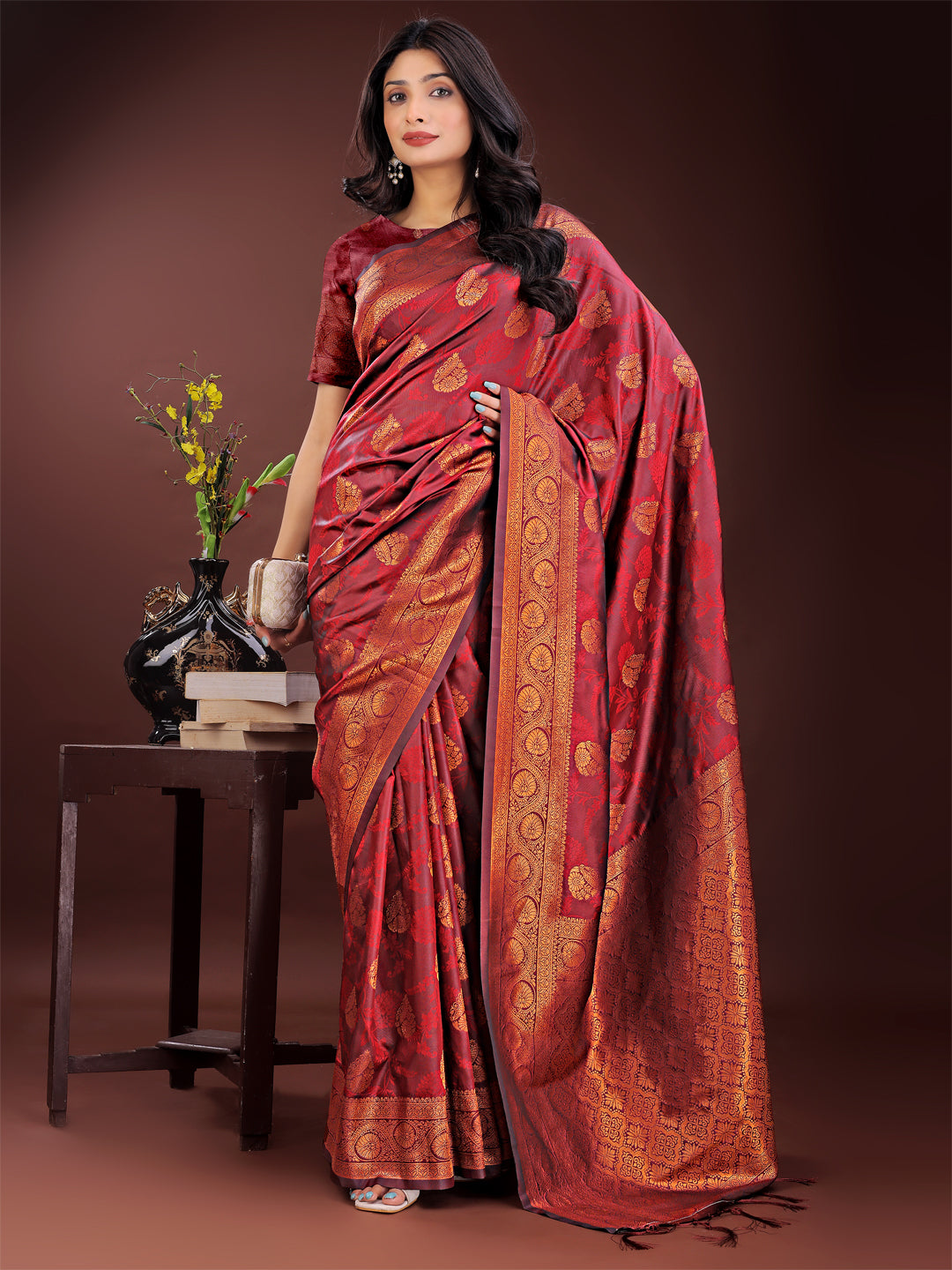 Shree Shyam Fashion Majestic Maroon Banarasi Silk Saree with Golden Zari - Timeless Indian Ethnic Elegance for Weddings & Festive Occasions | Grocsy