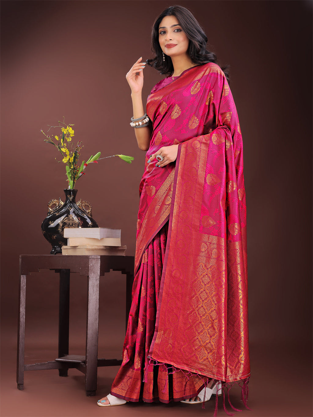 Shree Shyam Fashion Majestic Magenta Banarasi Silk Saree with Golden Zari - Timeless Indian Ethnic Elegance for Weddings & Festive Occasions | Grocsy