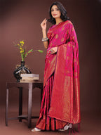 Shree Shyam Fashion Majestic Magenta Banarasi Silk Saree with Golden Zari - Timeless Indian Ethnic Elegance for Weddings & Festive Occasions | Grocsy
