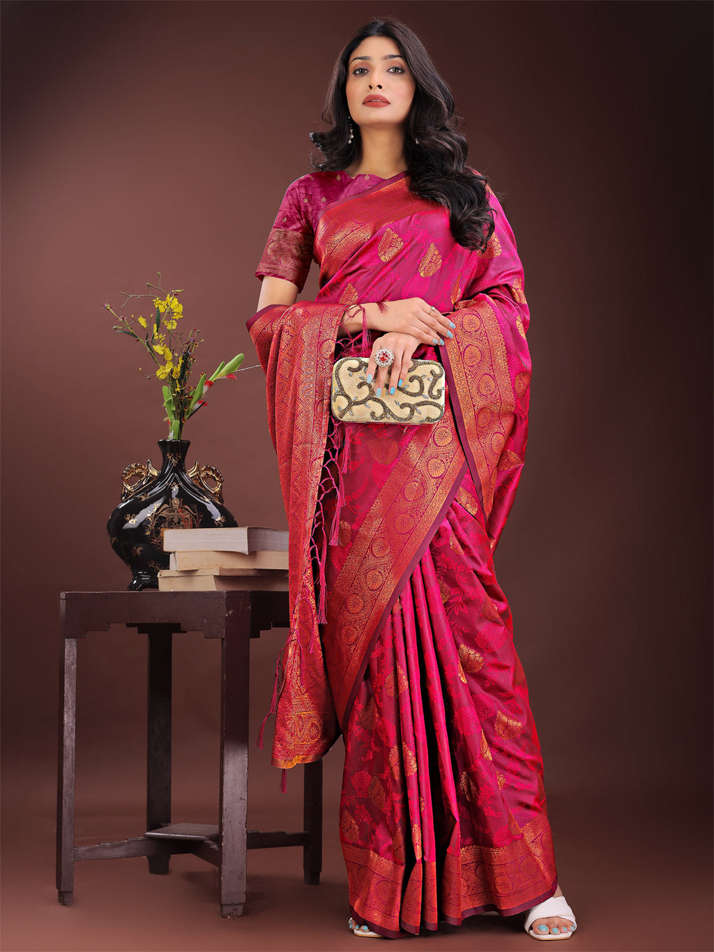 Shree Shyam Fashion Majestic Magenta Banarasi Silk Saree with Golden Zari - Timeless Indian Ethnic Elegance for Weddings & Festive Occasions | Grocsy