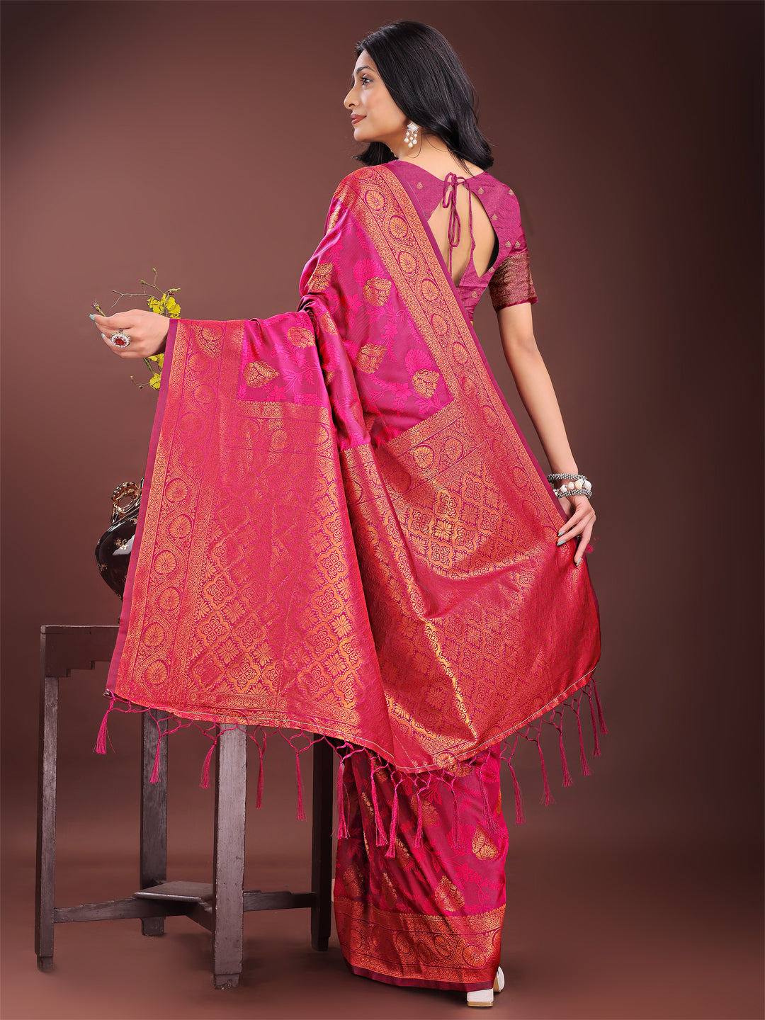 Shree Shyam Fashion Majestic Magenta Banarasi Silk Saree with Golden Zari - Timeless Indian Ethnic Elegance for Weddings & Festive Occasions | Grocsy