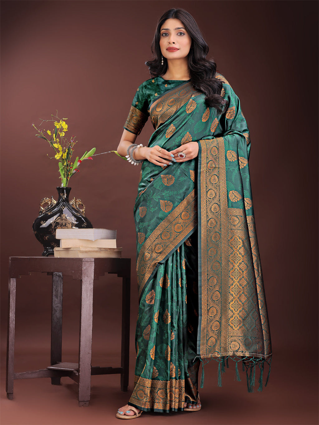 Shree Shyam Fashion Majestic Dark Green Banarasi Silk Saree with Golden Zari - Timeless Indian Ethnic Elegance for Weddings & Festive Occasions | Grocsy