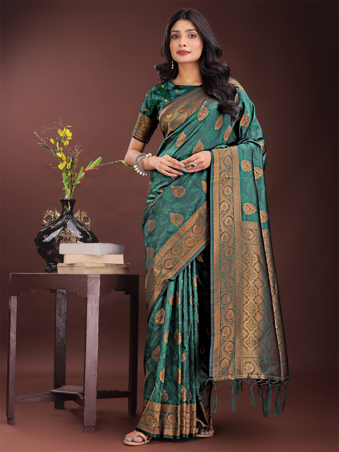 Shree Shyam Fashion Majestic Dark Green Banarasi Silk Saree with Golden Zari - Timeless Indian Ethnic Elegance for Weddings & Festive Occasions | Grocsy