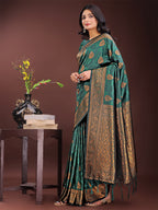 Shree Shyam Fashion Majestic Dark Green Banarasi Silk Saree with Golden Zari - Timeless Indian Ethnic Elegance for Weddings & Festive Occasions | Grocsy