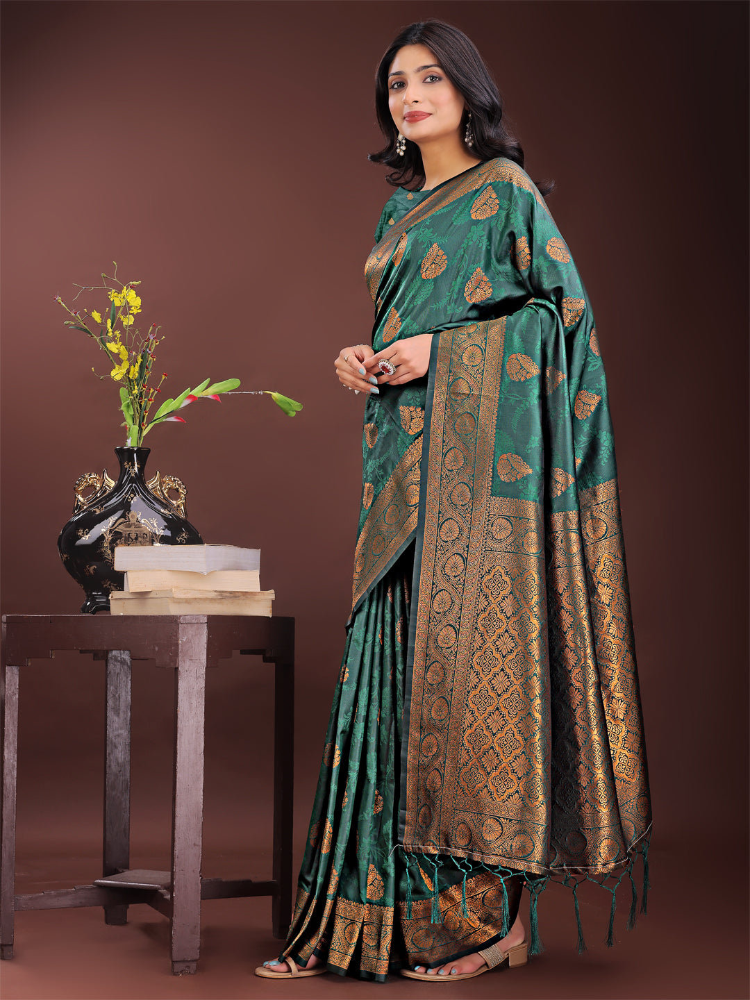 Shree Shyam Fashion Majestic Dark Green Banarasi Silk Saree with Golden Zari - Timeless Indian Ethnic Elegance for Weddings & Festive Occasions | Grocsy