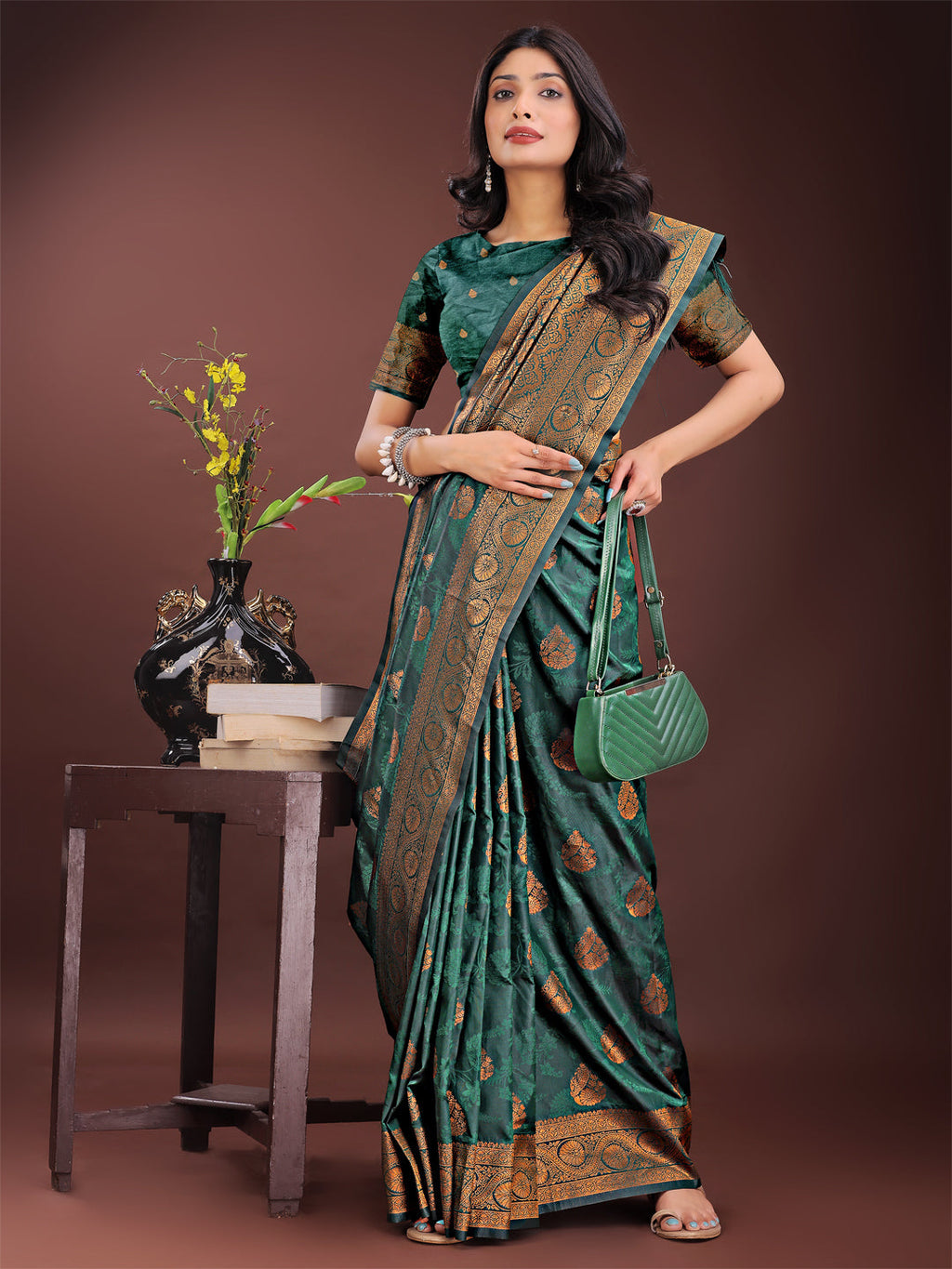 Shree Shyam Fashion Majestic Dark Green Banarasi Silk Saree with Golden Zari - Timeless Indian Ethnic Elegance for Weddings & Festive Occasions | Grocsy