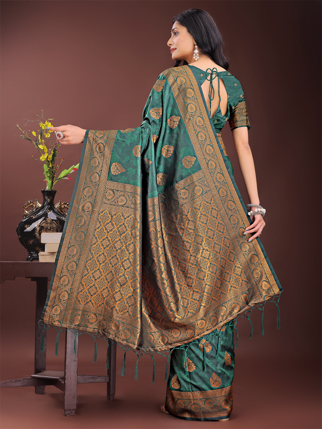 Shree Shyam Fashion Majestic Dark Green Banarasi Silk Saree with Golden Zari - Timeless Indian Ethnic Elegance for Weddings & Festive Occasions | Grocsy