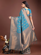 Shree Shyam Fashion Teal Blue Linen Cotton Saree with Golden Zari Leaf Woven Design & Rich Pallu - Festive Wear | Office Look | Soft Drape | Grocsy