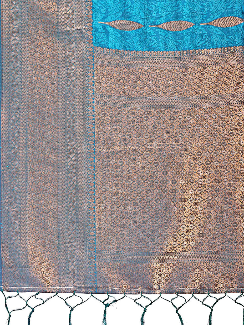Shree Shyam Fashion Teal Blue Linen Cotton Saree with Golden Zari Leaf Woven Design & Rich Pallu - Festive Wear | Office Look | Soft Drape | Grocsy