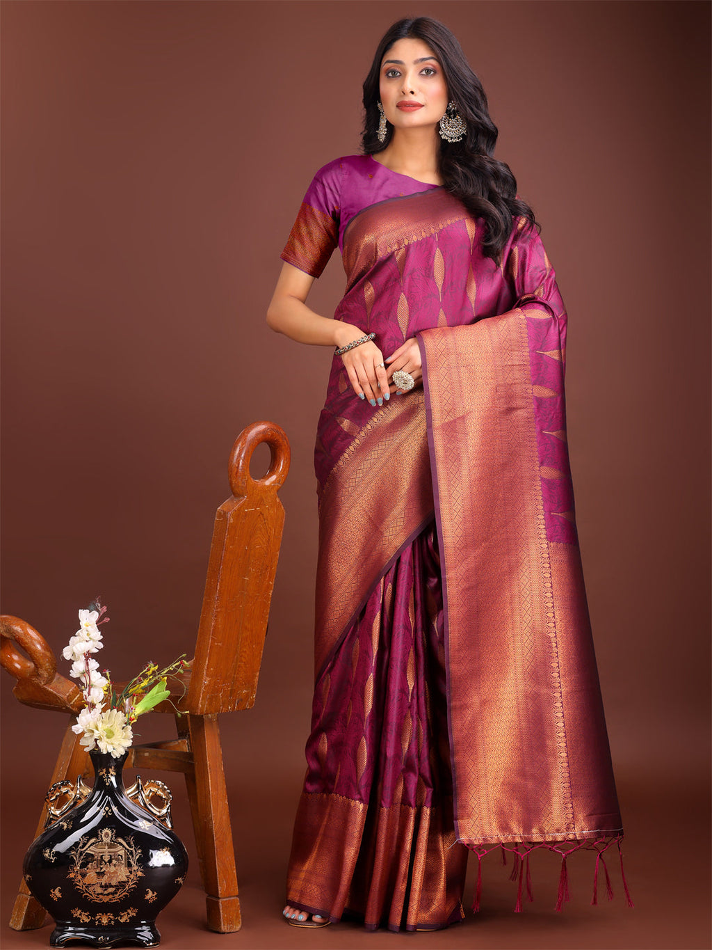 Shree Shyam Fashion Purple Linen Cotton Saree with Golden Zari Leaf Woven Design & Rich Pallu - Festive Wear | Office Look | Soft Drape | Grocsy