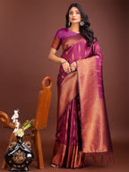 Shree Shyam Fashion Purple Linen Cotton Saree with Golden Zari Leaf Woven Design & Rich Pallu - Festive Wear | Office Look | Soft Drape | Grocsy