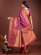 Shree Shyam Fashion Purple Linen Cotton Saree with Golden Zari Leaf Woven Design & Rich Pallu - Festive Wear | Office Look | Soft Drape | Grocsy
