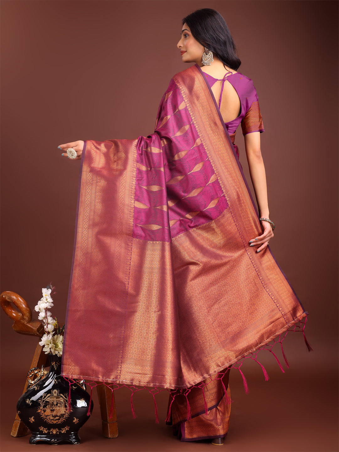 Shree Shyam Fashion Purple Linen Cotton Saree with Golden Zari Leaf Woven Design & Rich Pallu - Festive Wear | Office Look | Soft Drape | Grocsy