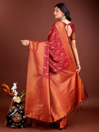 Shree Shyam Fashion Maroon Linen Cotton Saree with Golden Zari Leaf Woven Design & Rich Pallu - Festive Wear | Office Look | Soft Drape | Grocsy
