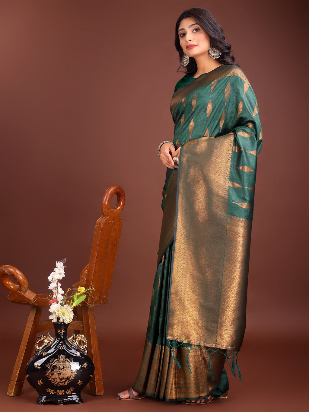 Shree Shyam Fashion Green Linen Cotton Saree with Golden Zari Leaf Woven Design & Rich Pallu - Festive Wear | Office Look | Soft Drape | Grocsy