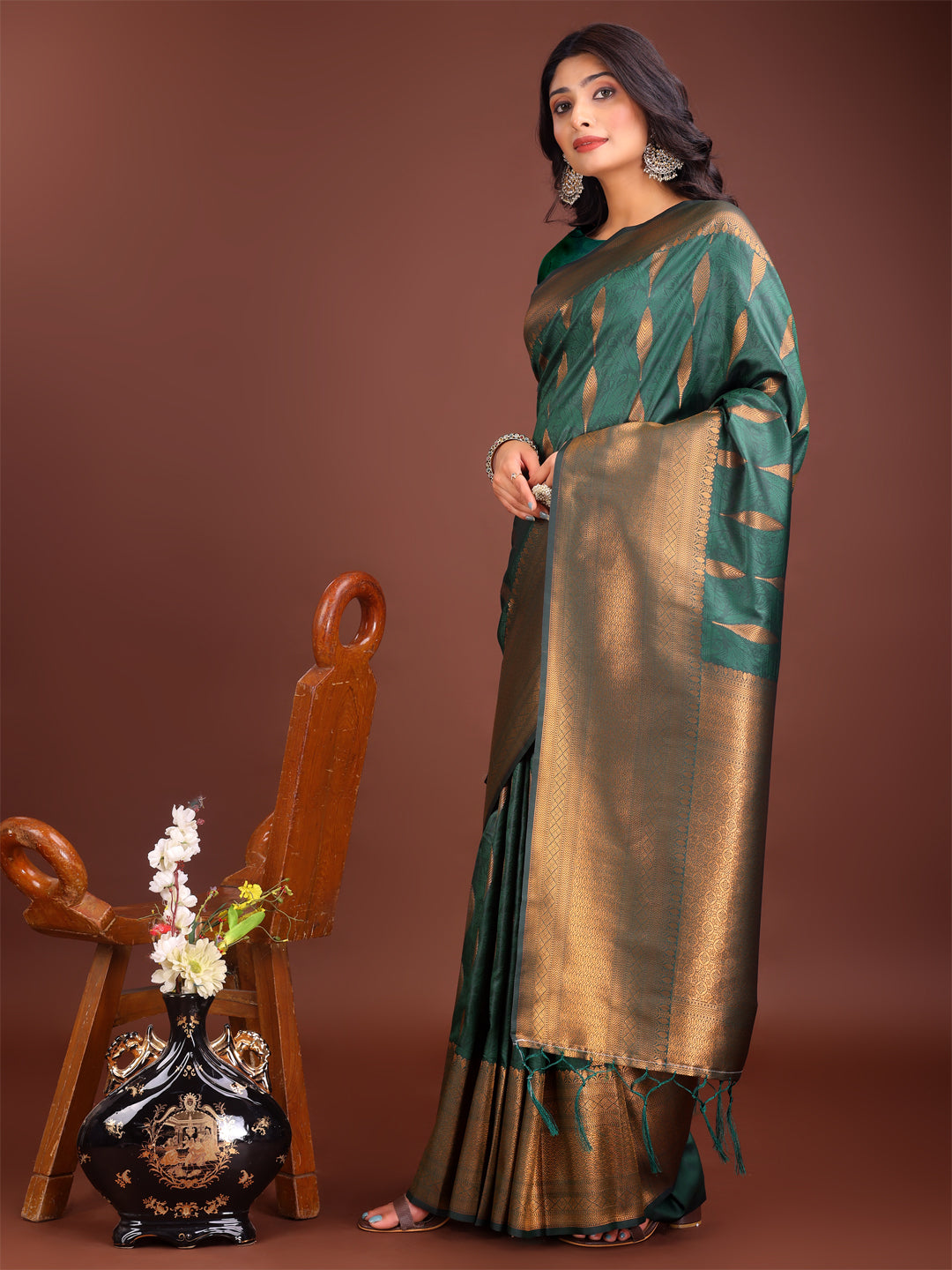 Shree Shyam Fashion Green Linen Cotton Saree with Golden Zari Leaf Woven Design & Rich Pallu - Festive Wear | Office Look | Soft Drape | Grocsy