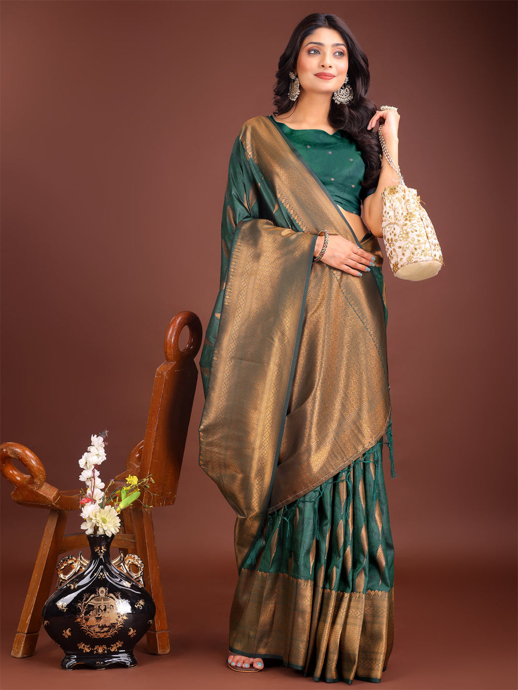 Shree Shyam Fashion Green Linen Cotton Saree with Golden Zari Leaf Woven Design & Rich Pallu - Festive Wear | Office Look | Soft Drape | Grocsy