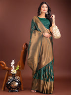Shree Shyam Fashion Green Linen Cotton Saree with Golden Zari Leaf Woven Design & Rich Pallu - Festive Wear | Office Look | Soft Drape | Grocsy