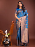 Shree Shyam Fashion Sky Blue Linen Cotton Saree with Golden Zari Leaf Woven Design & Rich Pallu - Festive Wear | Office Look | Soft Drape | Grocsy