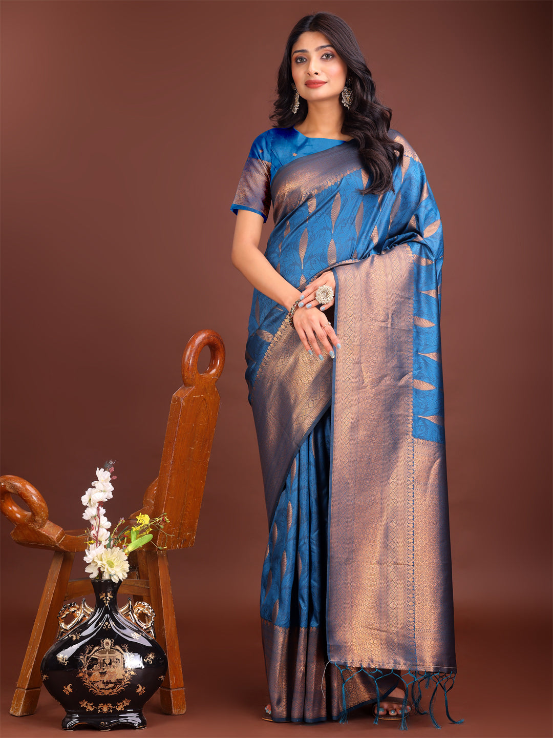 Shree Shyam Fashion Sky Blue Linen Cotton Saree with Golden Zari Leaf Woven Design & Rich Pallu - Festive Wear | Office Look | Soft Drape | Grocsy