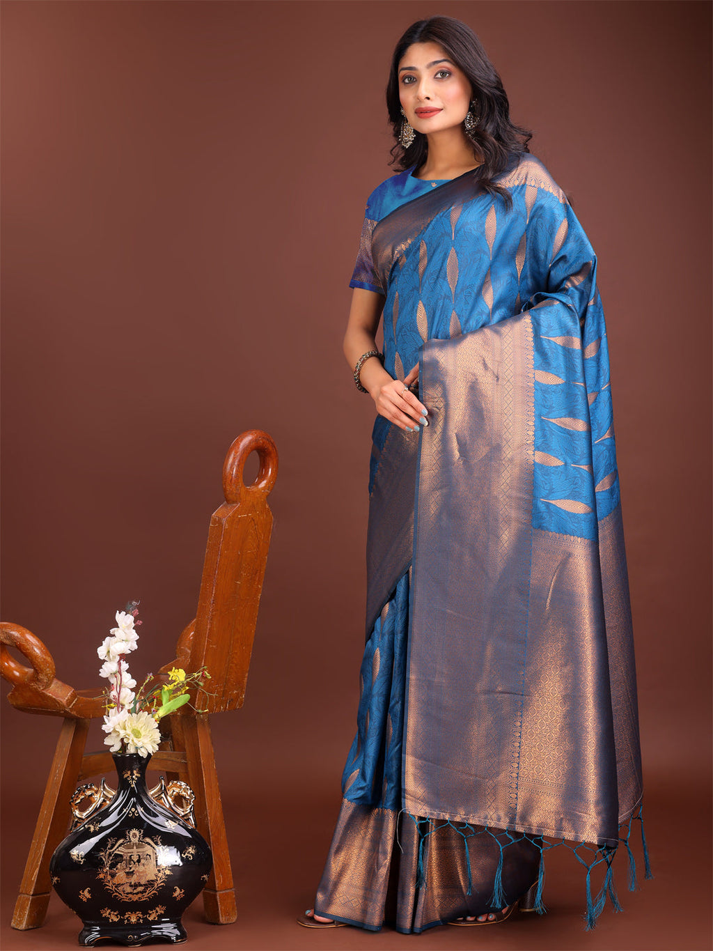 Shree Shyam Fashion Sky Blue Linen Cotton Saree with Golden Zari Leaf Woven Design & Rich Pallu - Festive Wear | Office Look | Soft Drape | Grocsy