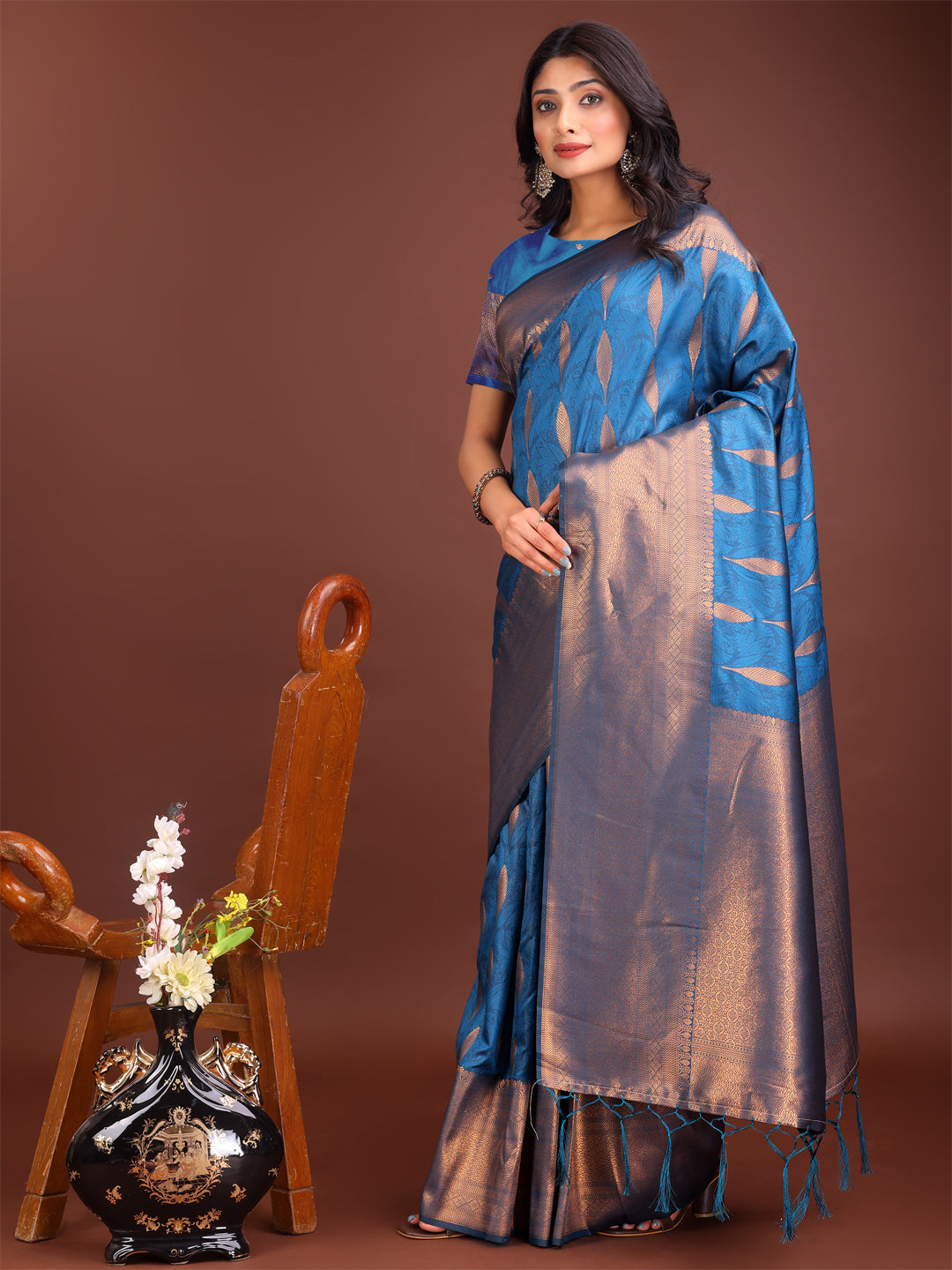 Shree Shyam Fashion Sky Blue Linen Cotton Saree with Golden Zari Leaf Woven Design & Rich Pallu - Festive Wear | Office Look | Soft Drape | Grocsy