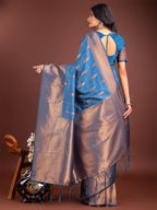 Shree Shyam Fashion Sky Blue Linen Cotton Saree with Golden Zari Leaf Woven Design & Rich Pallu - Festive Wear | Office Look | Soft Drape | Grocsy