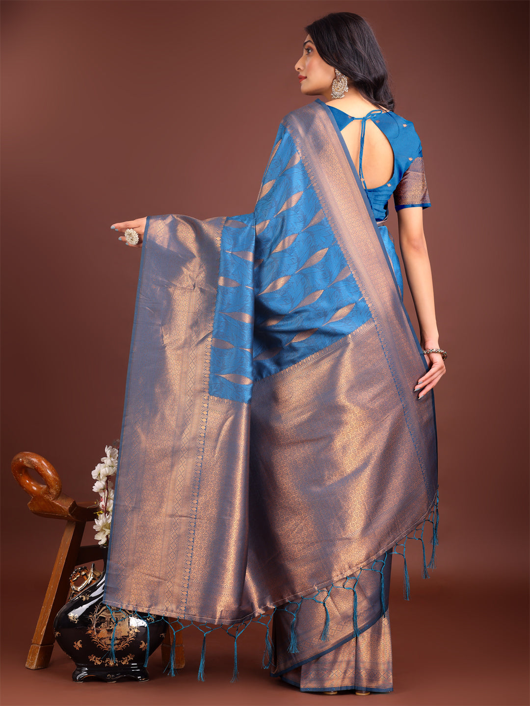 Shree Shyam Fashion Sky Blue Linen Cotton Saree with Golden Zari Leaf Woven Design & Rich Pallu - Festive Wear | Office Look | Soft Drape | Grocsy