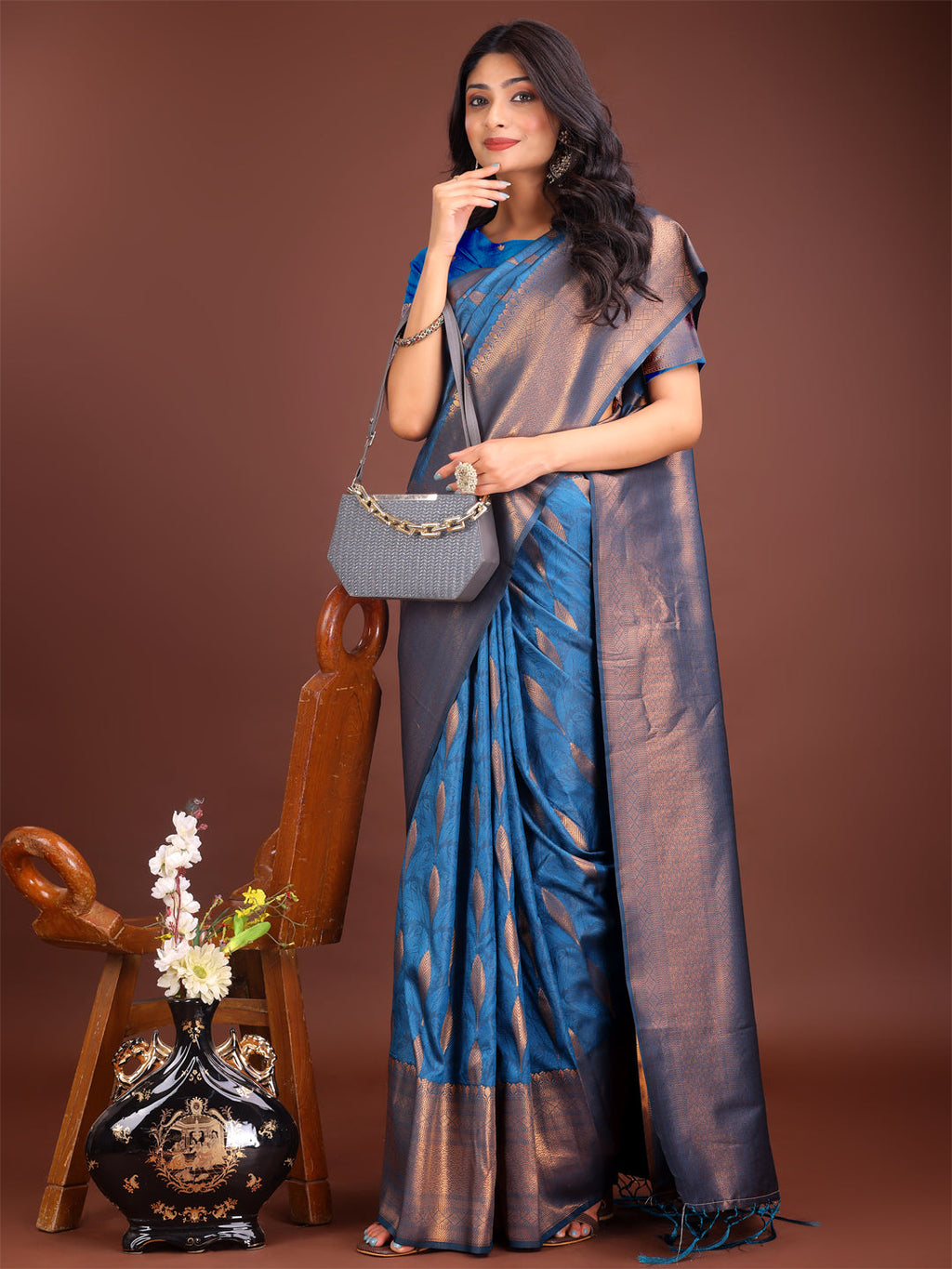 Shree Shyam Fashion Sky Blue Linen Cotton Saree with Golden Zari Leaf Woven Design & Rich Pallu - Festive Wear | Office Look | Soft Drape | Grocsy