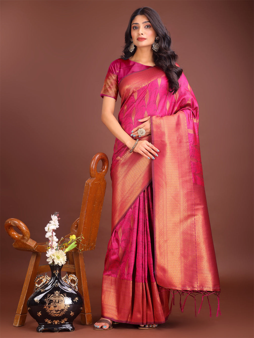 Shree Shyam Fashion Magenta Linen Cotton Saree with Golden Zari Leaf Woven Design & Rich Pallu - Festive Wear | Office Look | Soft Drape | Grocsy